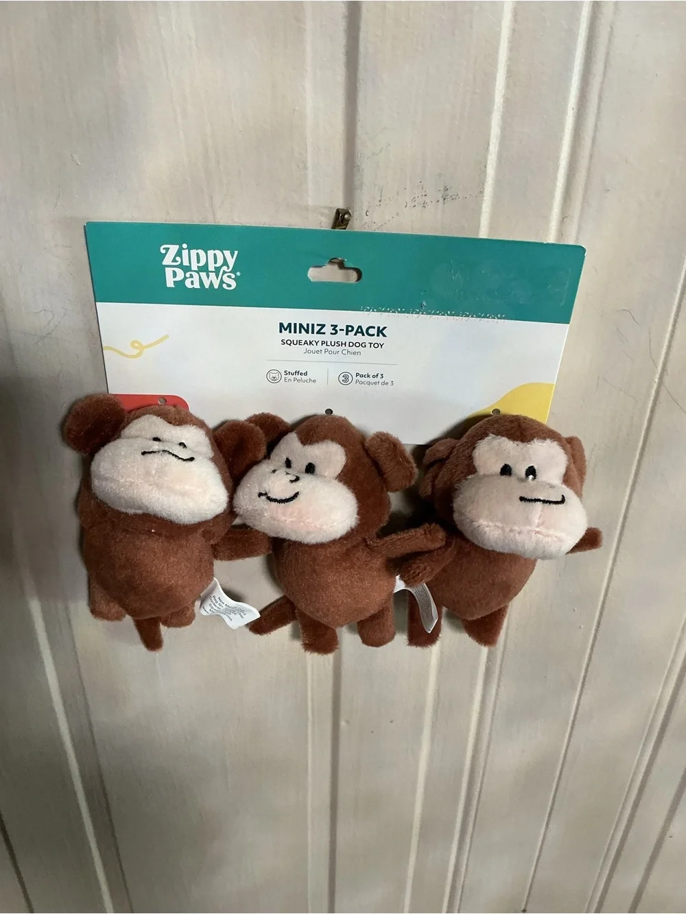 New Zippy Paws Plush 3 Miniz Monkeys Mini Pet Dog Toy Squeaks Brown 4.5* NEW